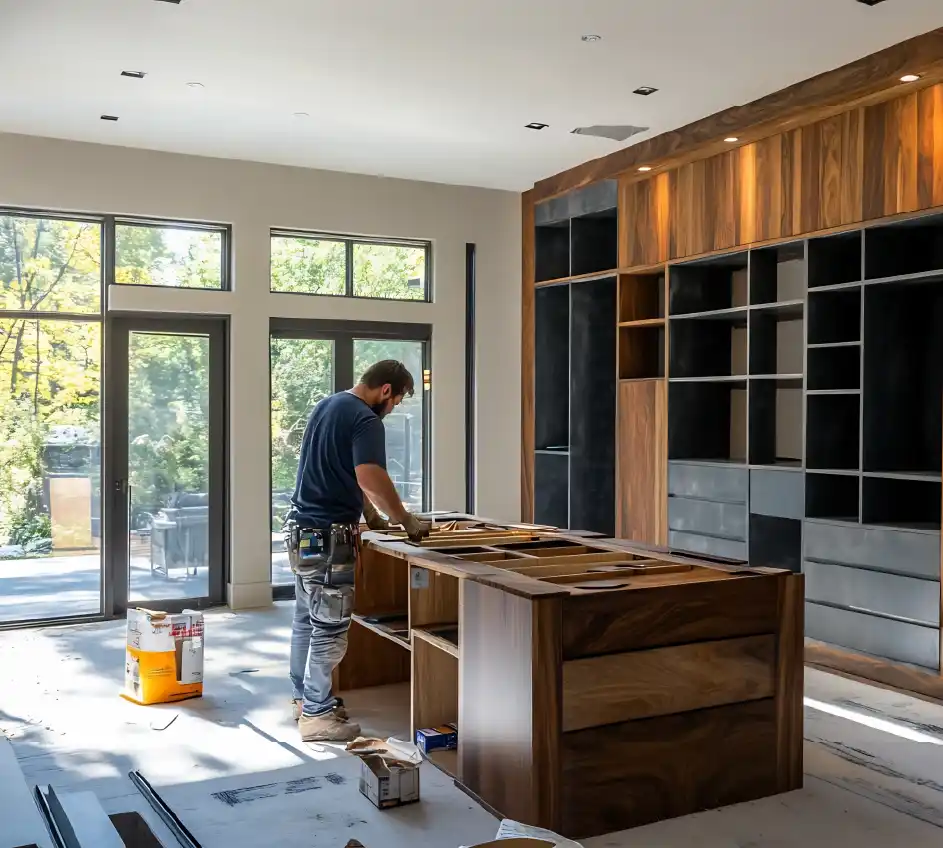 Carpenter installing a walnut kitchen island during a Westside Los Angeles renovation