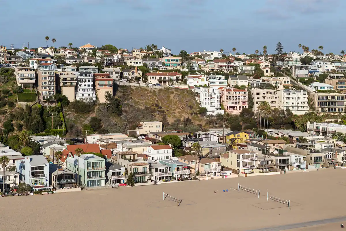 Aerial view of Playa Vista, California, featuring modern homes, surrounding neighborhoods, nearby beaches, and the Ballona Wetlands