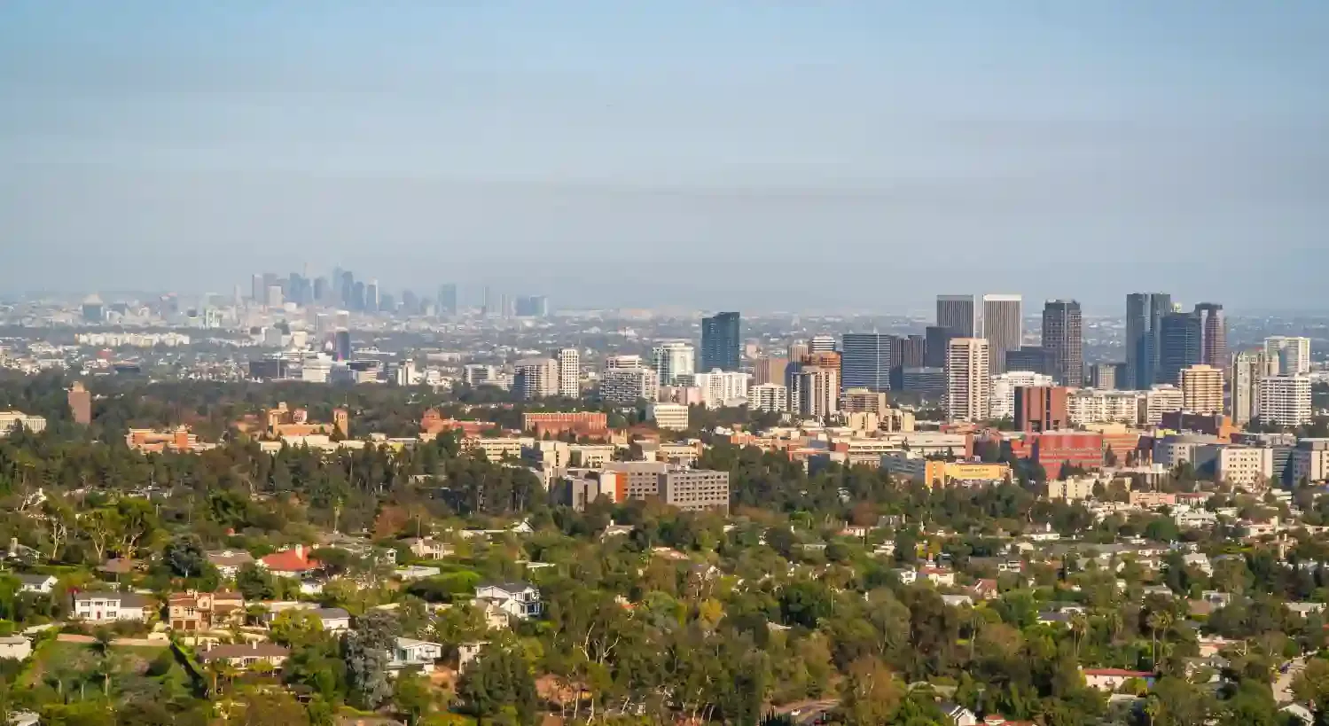 Aerial view of the Los Angeles skyline rising above a leafy residential neighborhood