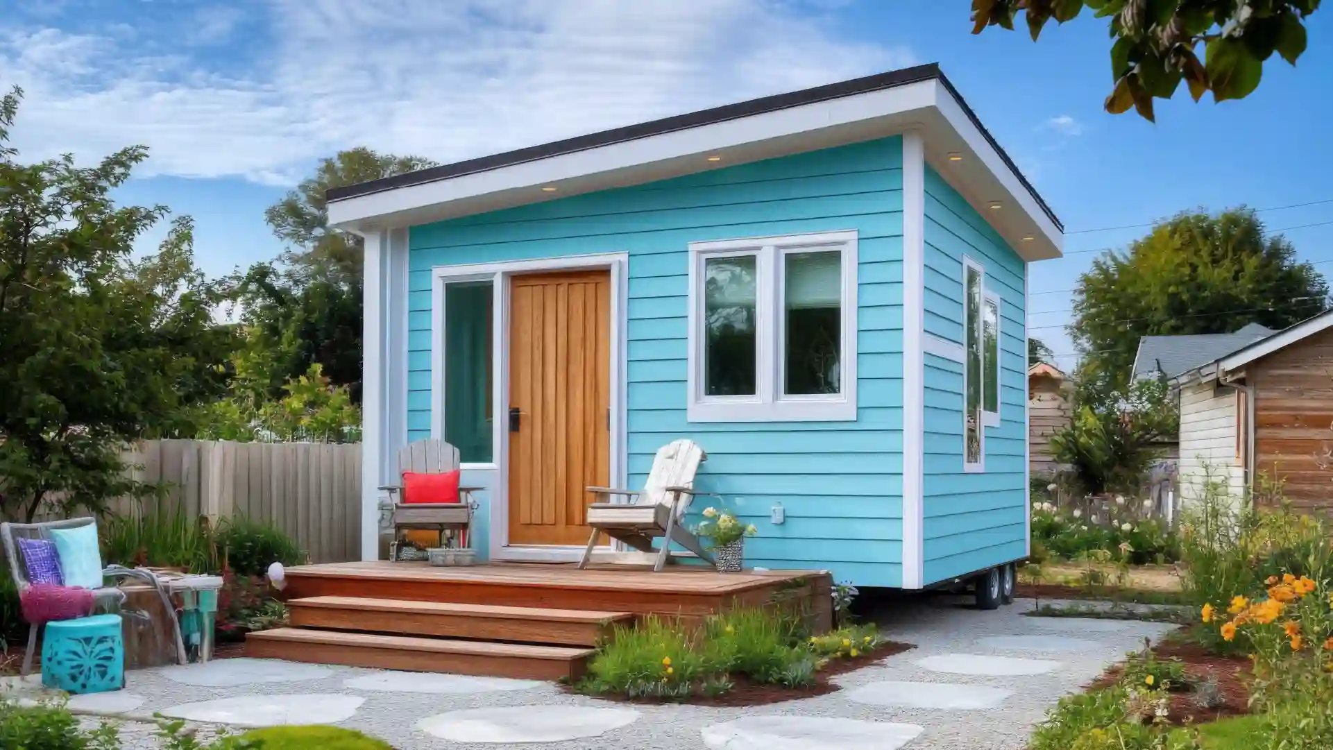 A turquoise clapboard house in a garden, with a timber deck