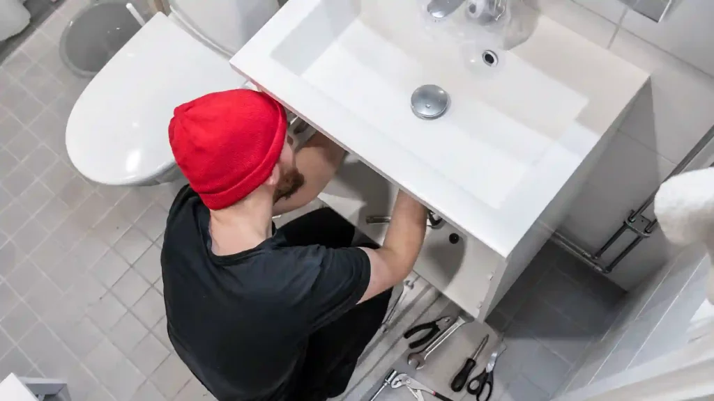 Plumber installing fixtures beneath a wall-hung basin during a bathroom renovation